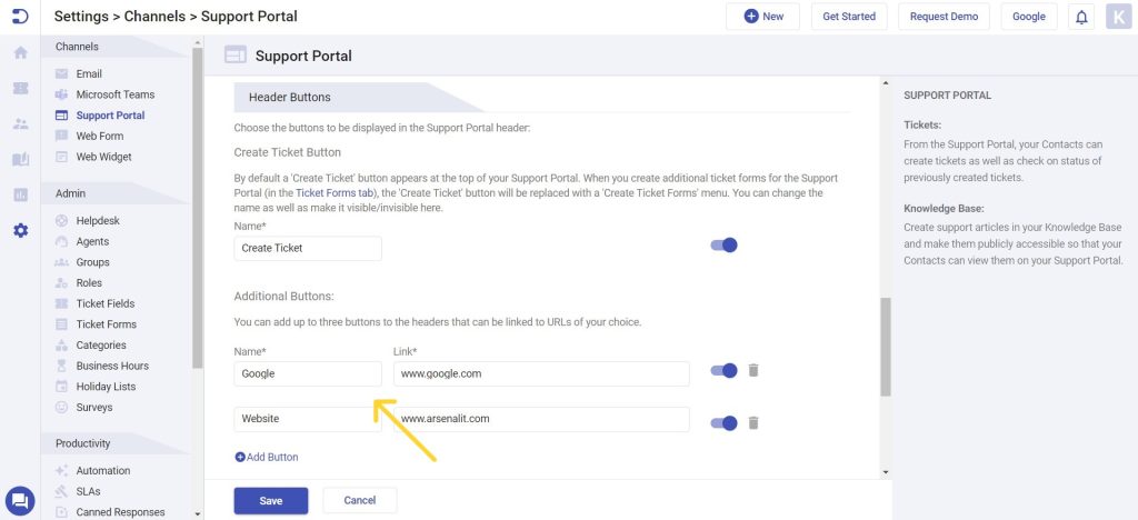 Adding header buttons in customer support portal