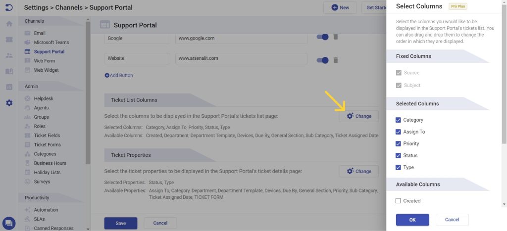 Change ticket list columns in support portal