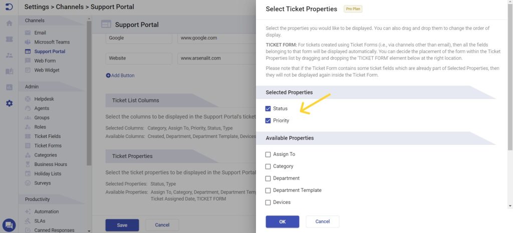 Change ticket properties in support portal
