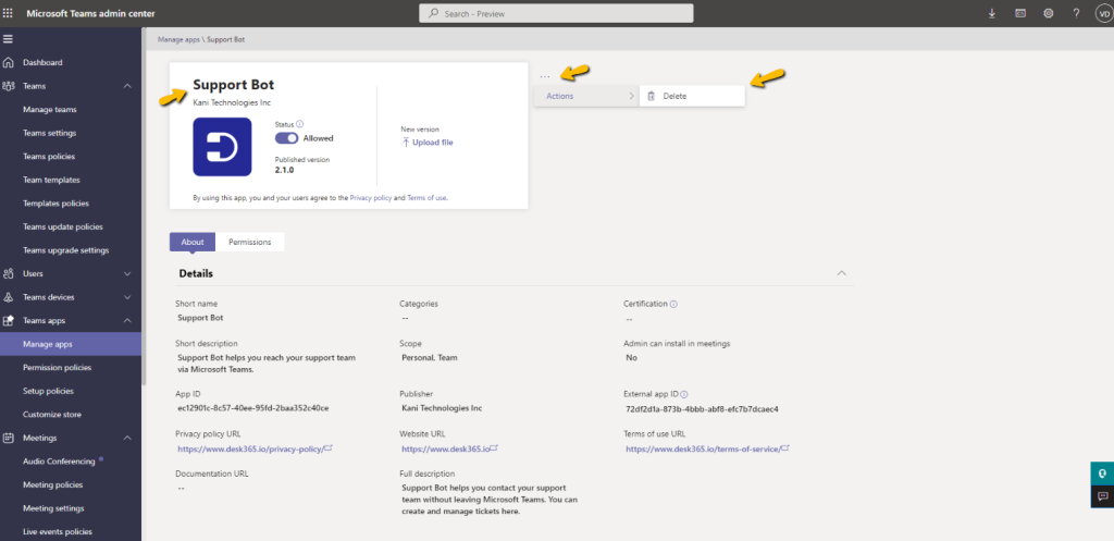 delete the old version of the support bot in microsoft teams admin center