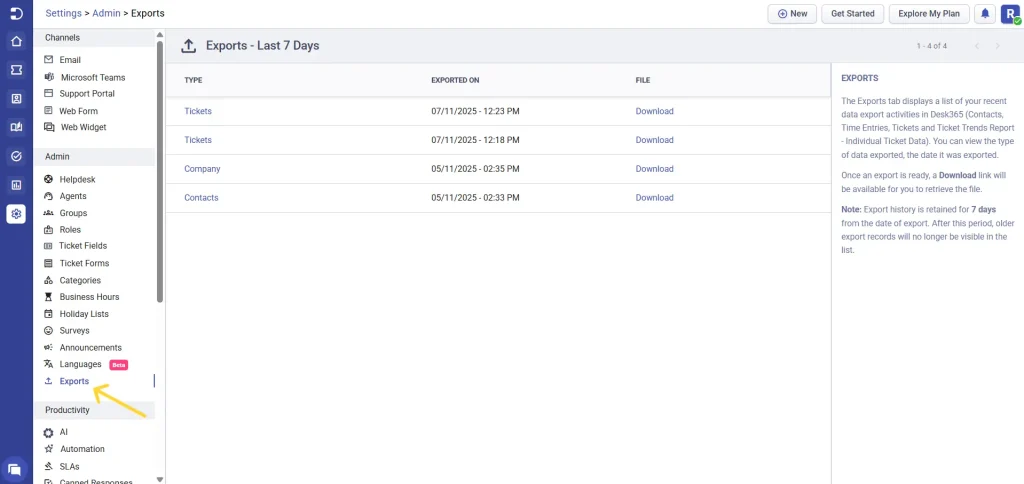 exports-in-desk365-helpdesk