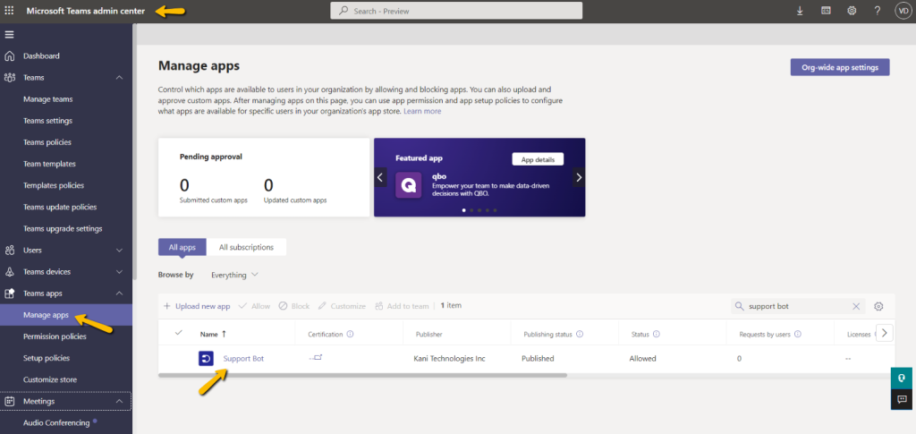 manage apps section in Microsoft Teams admin center