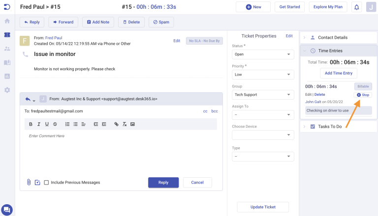 running timer in ticket details page in Desk365