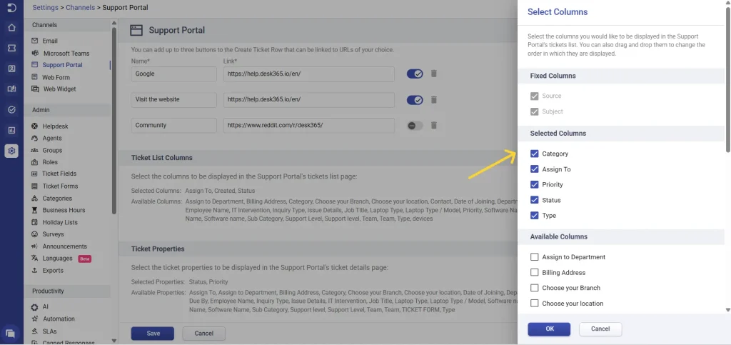 selecting-ticket-list-columns-to-appear-in-support-portal-desk365