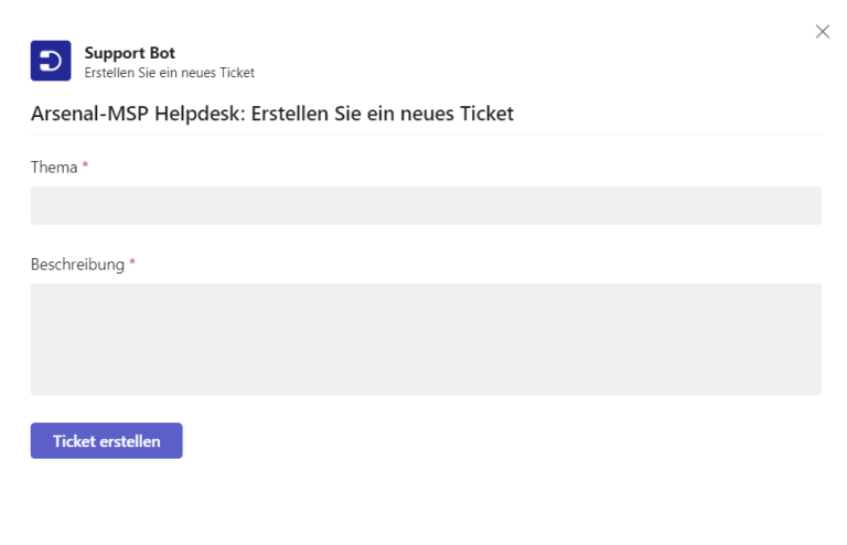 subject and description fields appear in the german language in the support bot
