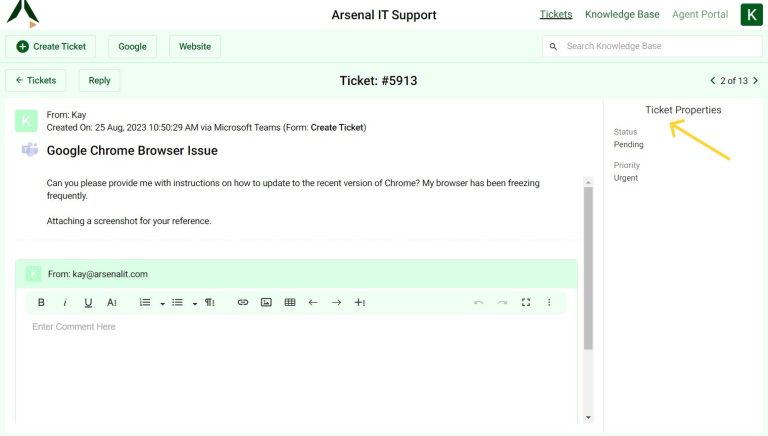 Ticket properties in support portal
