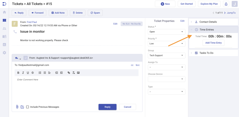 time entries in ticket details