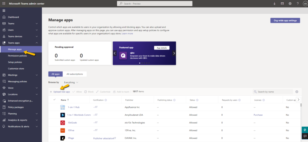 choose upload a new app option in Teams admin center