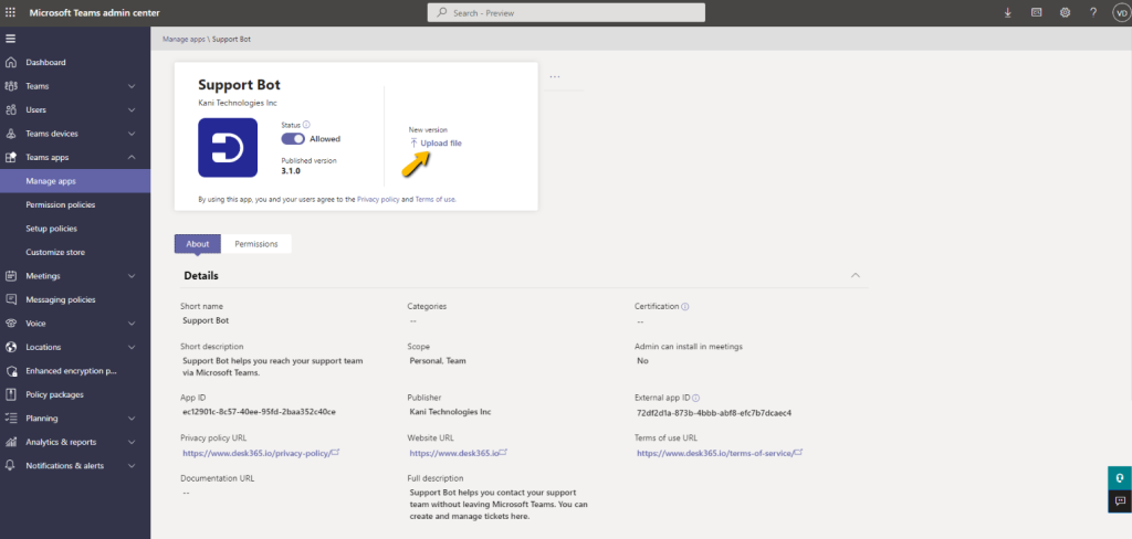 upload a new version of the support bot in microsoft teams admin center