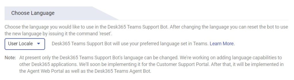 Change the language in the Desk365 Teams Support Bot