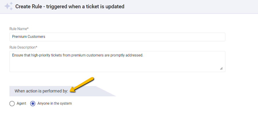 action performed by option in ticket updates