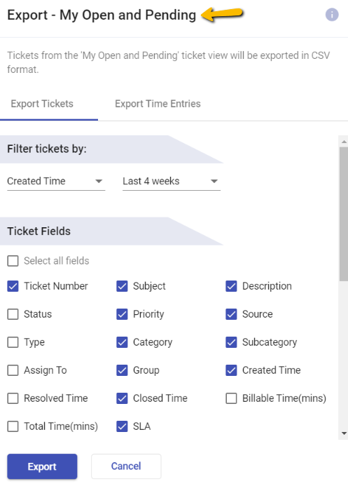 exporting my open and pending tickets