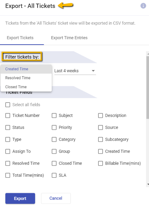 filter the export by the following options