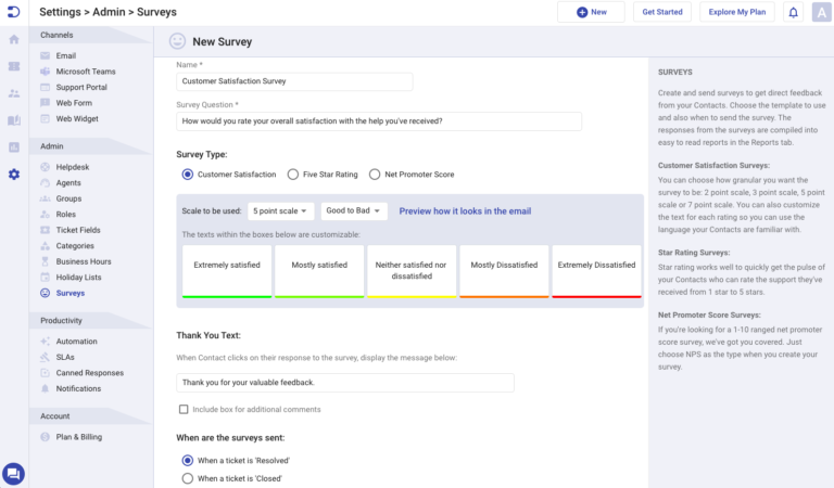 creating a new customer satisfaction survey in Desk365