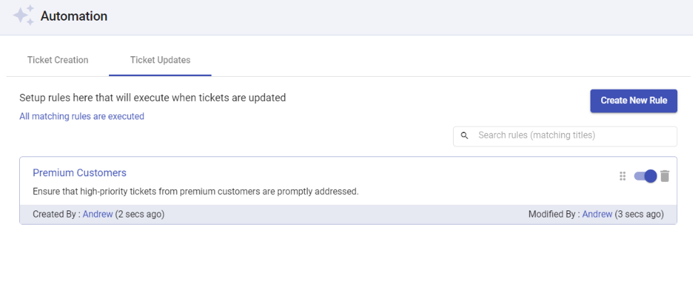 created automation rule appears in ticket updates tab