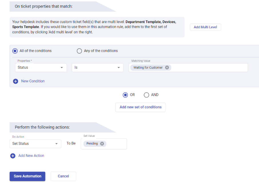 set status to pending after contact responds in ticket updates automation rule