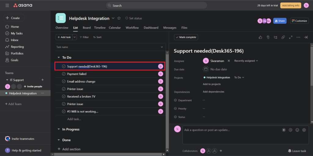 A task gets added in Asana with the required ticket details