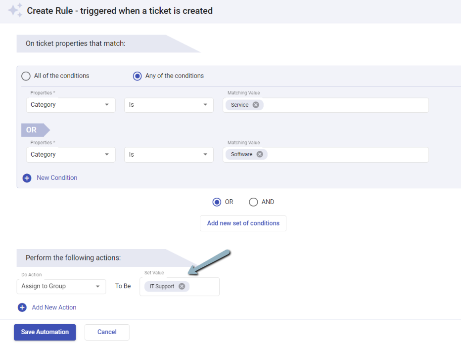 assigning tickets to group based on automation rules