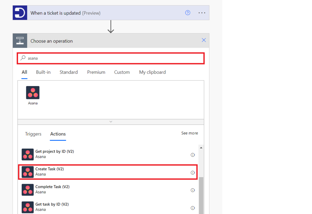choosing create task in asana as the action