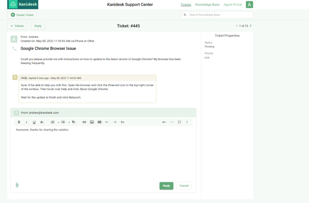 end-user discussing a ticket with agents in the support portal