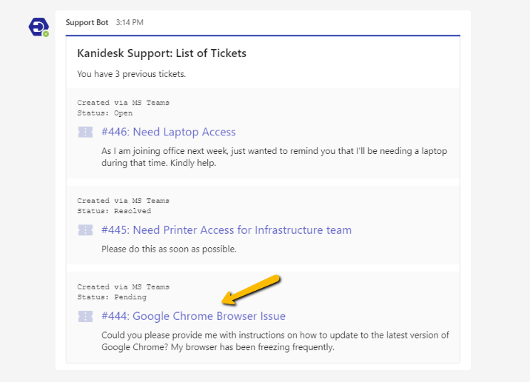 list of created tickets appear in the support bot