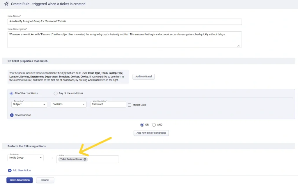notify ticket assigned group using automation rule desk365