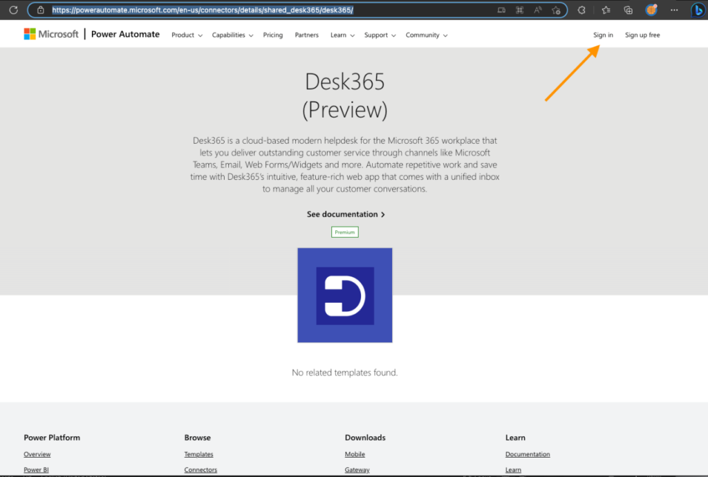 sign in to the desk365 power automate connector