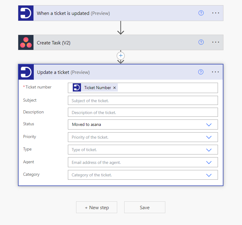 update ticket in desk365 once the task gets created in asana