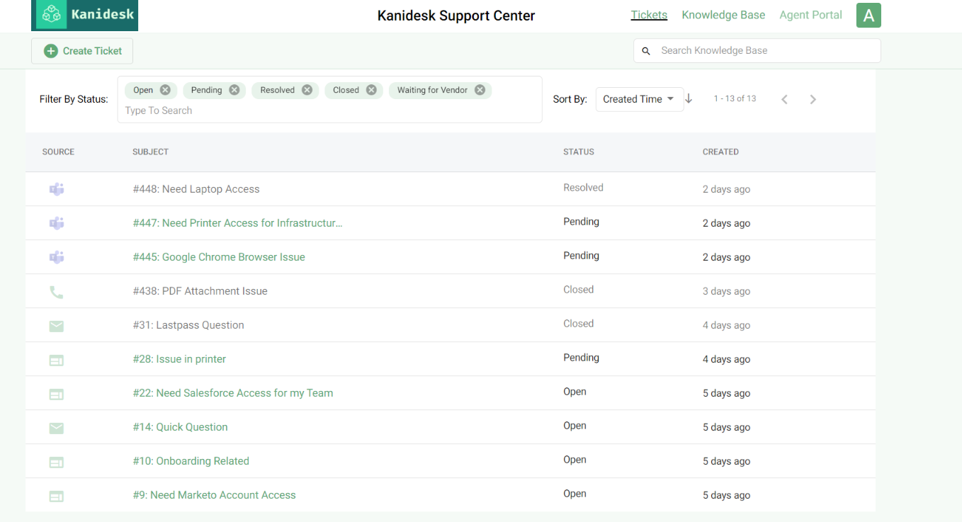 Monitoring ticket status in the Support Portal | Desk365