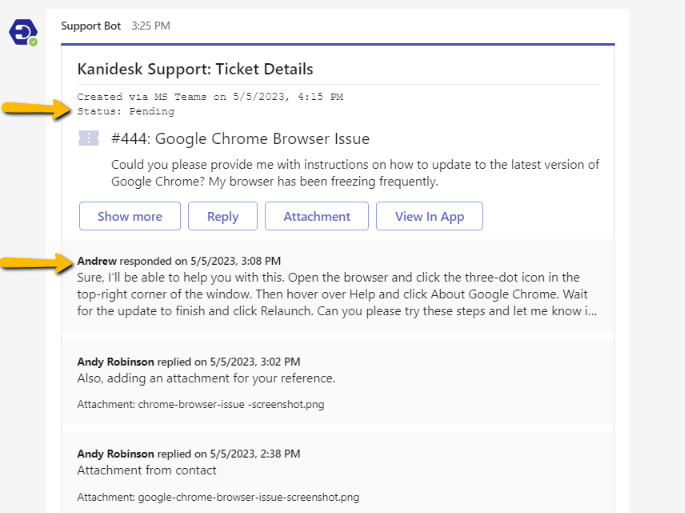 viewing ticket status for a particular ticket in the support bot
