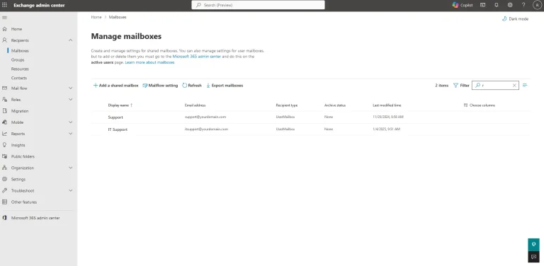 Set up forwarding in the Microsoft365 admin center