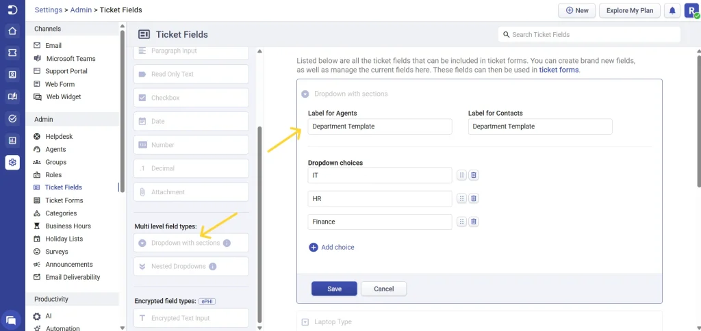 adding-dropdown-with-section-field-in-desk365-helpdesk