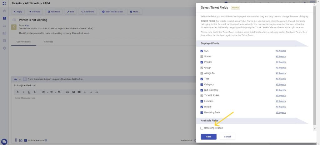 adding resolving reason to be displayed under available fields