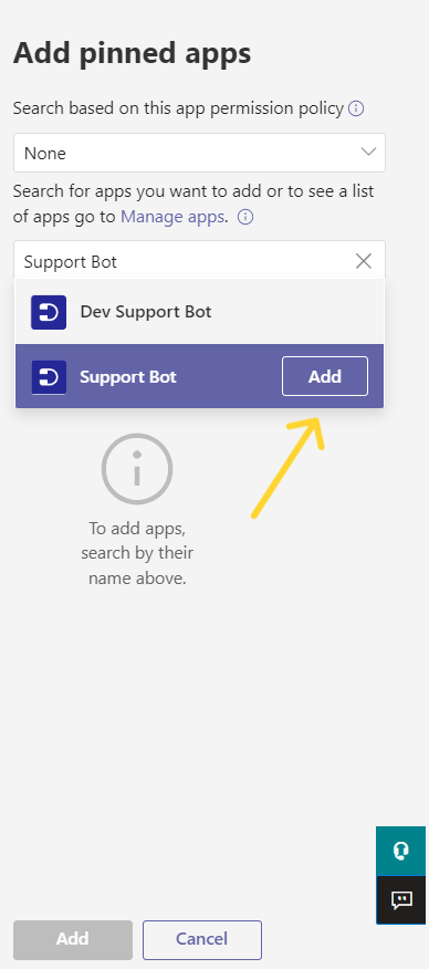 adding support bot in pinned apps