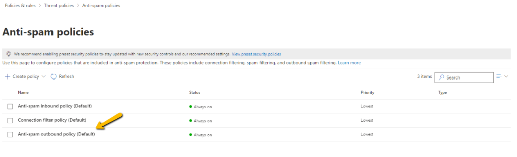 Choose Anti-spam policies option in Microsoft 365 Defender Portal