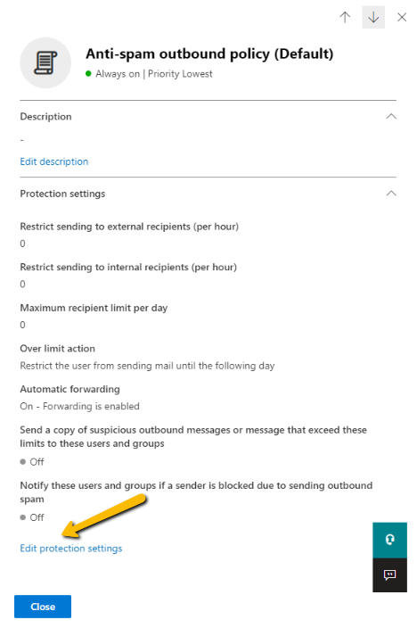 anti spam outbound policy edit protection settings in Microsoft 365 Defender Portal