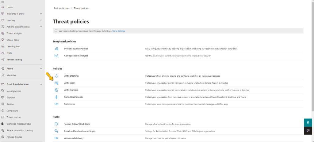 anti spam policies in microsoft 365 defender