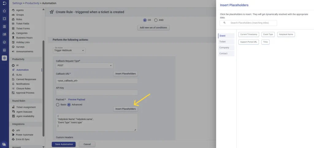 automation-rule-trigger-webhook-insert-placeholders-desk365