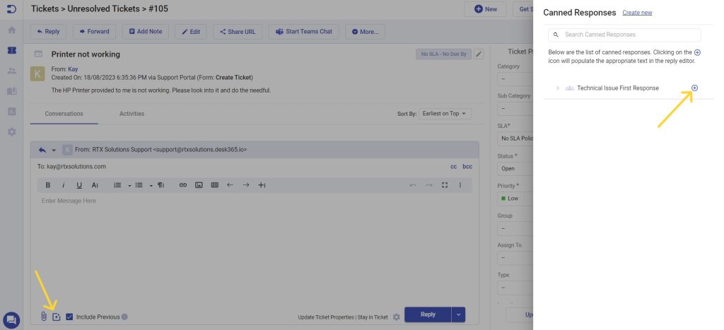 Canned Response in Ticket replies in Desk365
