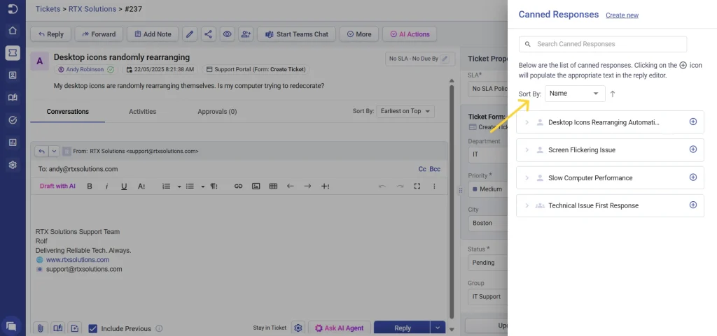 canned-response-sort-option-ticket-details-page-desk365