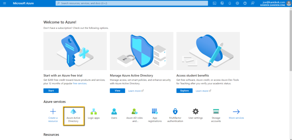 choose azure active directory from azure portal