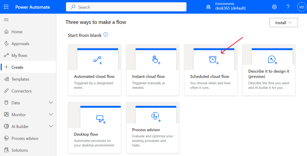 choose scheduled flow option in power automate