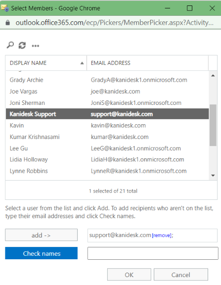 choose your support email address in the receipt tab option in exchange admin center