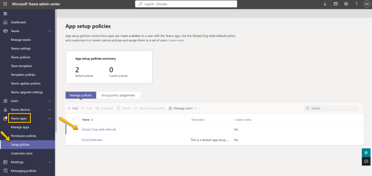 choosing global org wide default setup policy in teams admin center