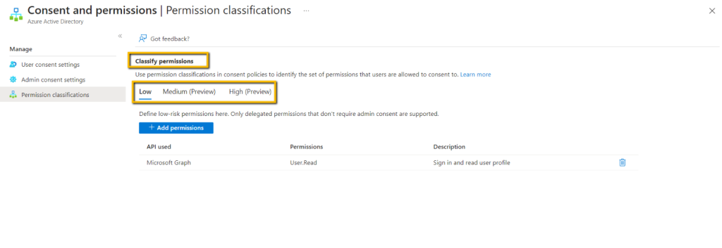 classify permission for applications in the azure portal