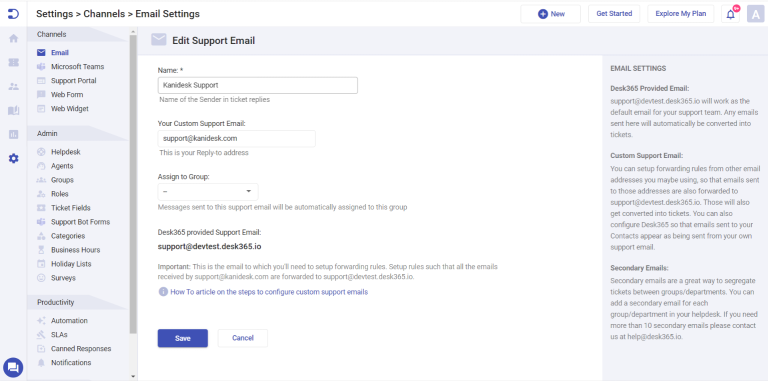 configure custom support email address at desk365