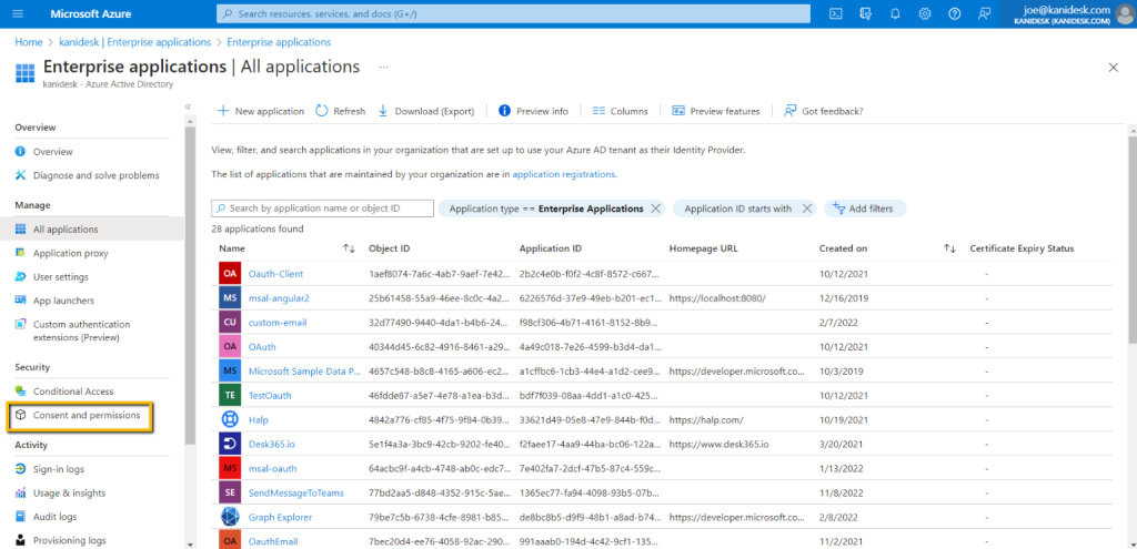 consent and permissions setting in microsoft azure