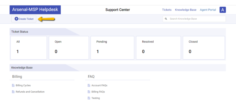 create ticket button in support portal