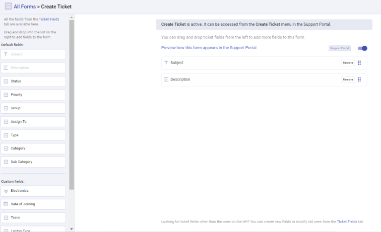 adding default fields to the create ticket form in the support portal