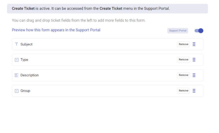 create ticket form in the support portal with required fields
